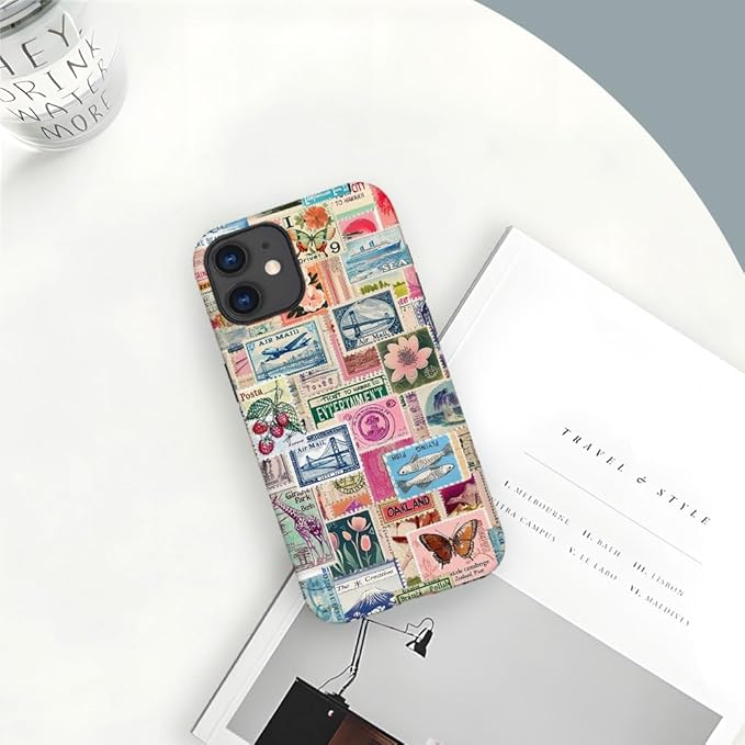 DAIZAG Case Compatible with iPhone 12,Fit Shockproof Cover for Women Girls,Retro Stamp Collage