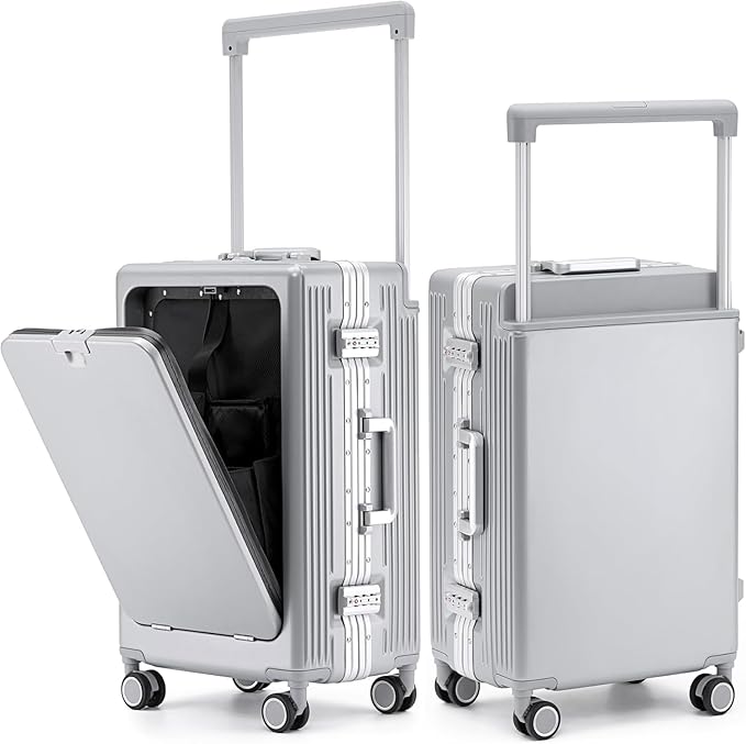 feilario 20" Aluminium Frame Hardside PC Carry on Luggage - Wide Handle Double Spinner Wheels Suitcase with TSA lock