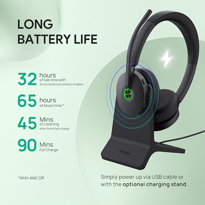 Yealink BH74 with Stand ANC Wireless Bluetooth Headset with Mic for Work, 6-mics Hybrid ANC Tech, Microsoft Teams Premium Open Ofﬁce Certified Headsets, up to 32h Talking Battery Life, Zoom Certified