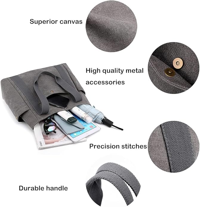 Women's Canvas Tote Handbags Multi-pocket Retro Casual Shoulder Bag Top Handle Satchel Tote Purse