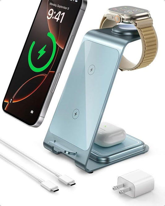 Intoval 3 in 1 Wireless Charging Station for iPhone 16 15 14 13 12 11 X Pro Max, Wireless Charger for Apple Watch Ultra 3 SE 9 8 7 6 5 4 3 2, for AirPods 4 Pro Pro 2 3 (Y93, Blue)