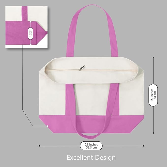 TOPDesign 1-Pack Canvas Tote Bag with an External Pocket, Reusable Grocery Shopping Bag, Top Zipper Closure, Daily Essentials (Light Purple/Natural)