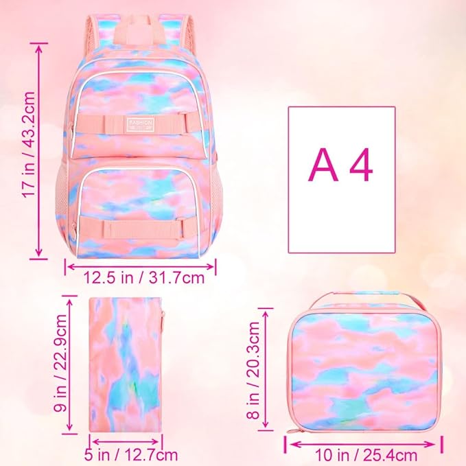 3Pcs Backpack for Girls Women, 17 Inches Tie-dye College School Bookbag Set for Teens Students, Water Resistant Laptop Backpacks with Lunch Bag(Pink)