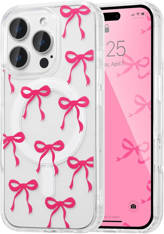UEEBAI Magnetic for iPhone 16 Pro Max Case, Bow Case Compatible with MagSafe, Wireless Slim Clear Ribbon Aesthetic Phone Cover Anti-Yellowing Shockproof Protective Cover for Women Girl - Hot Pink