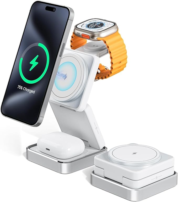 3-in-1 Wireless Charger for iPhone,15W Fast Wireless Charging Station Compatible with Mag-Safe Charger,Magnetic Foldable Travel Charger Stand Nightstand for iPhone 16/15/14/13/12,Apple Watch&AirPods