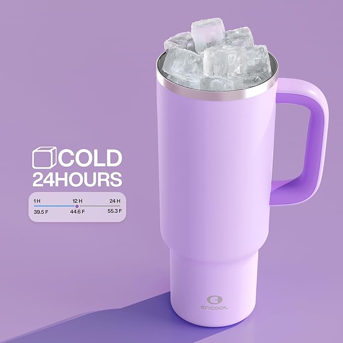 40 oz Tumbler with Handle and Straw: Stainless Steel Insulated Tumbler Keeps Cold for 24 Hours, Leakproof Travel Cup Fits in Cup Holder and BPA-Free, Lavender