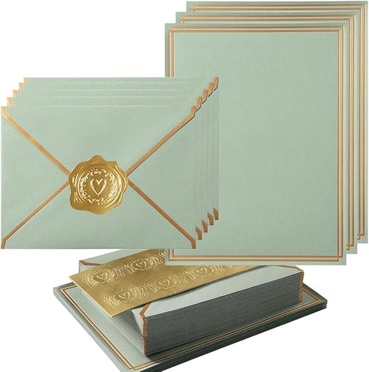 50 Pack Stationery Set with Gold Border, A6 Envelopes and 6x8 Paper Sheets and Stickers for Writing Letters (Sage-Green, 6x8 Inches)