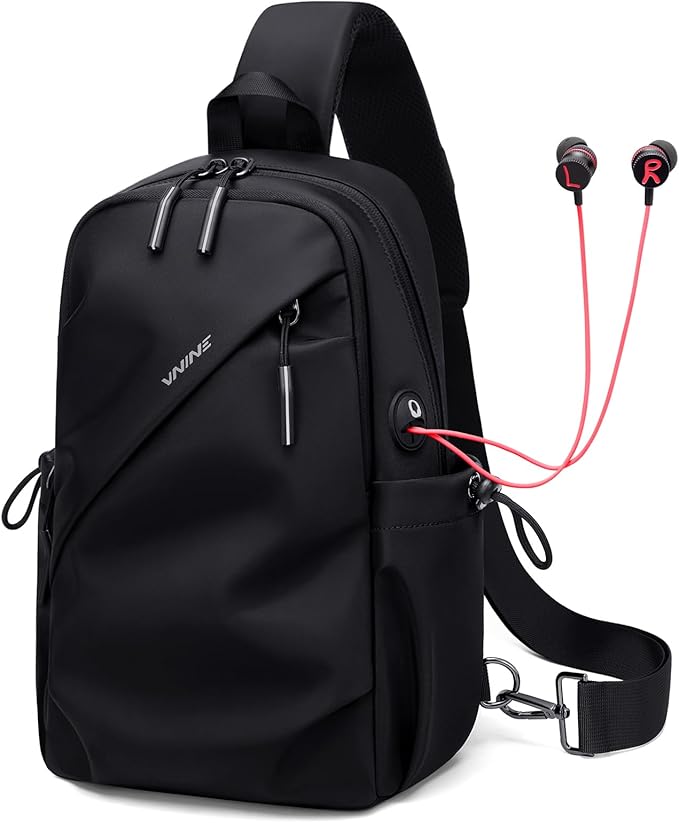 VNINE Small Sling Crossbody Backpack Shoulder Bag for Men Women, Lightweight One Strap Back Pack Sling Bag Backpack for Hiking Walking Biking Travel Cycling with Headphone Port