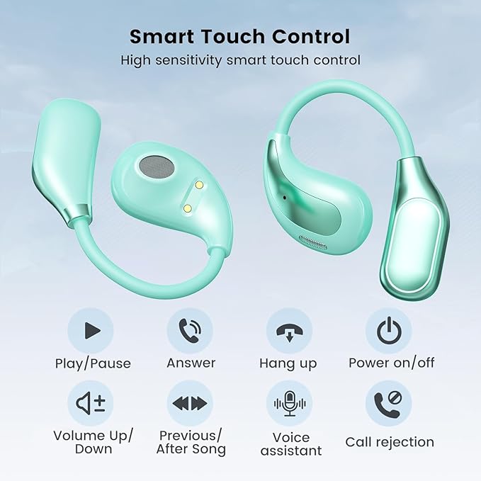 Open Ear Wireless Bluetooth Headphones, Sport Over Headset Built-in Mic, LED Display, Touch Control Earphones, IPX5 Waterproof for Sports Running Driving Cycling (Green)