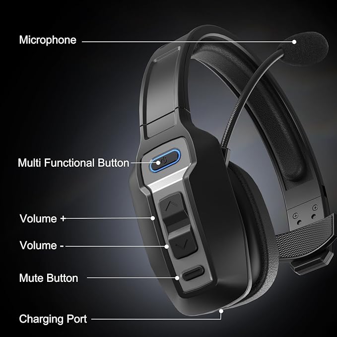 Bluetooth Headset for Truck Drivers, Single Ear Wireless Headphones with Mic Noise Cancelling, Mute Button, Hands-Free, 60H Playtime for Call Center, Office, Cell Phone