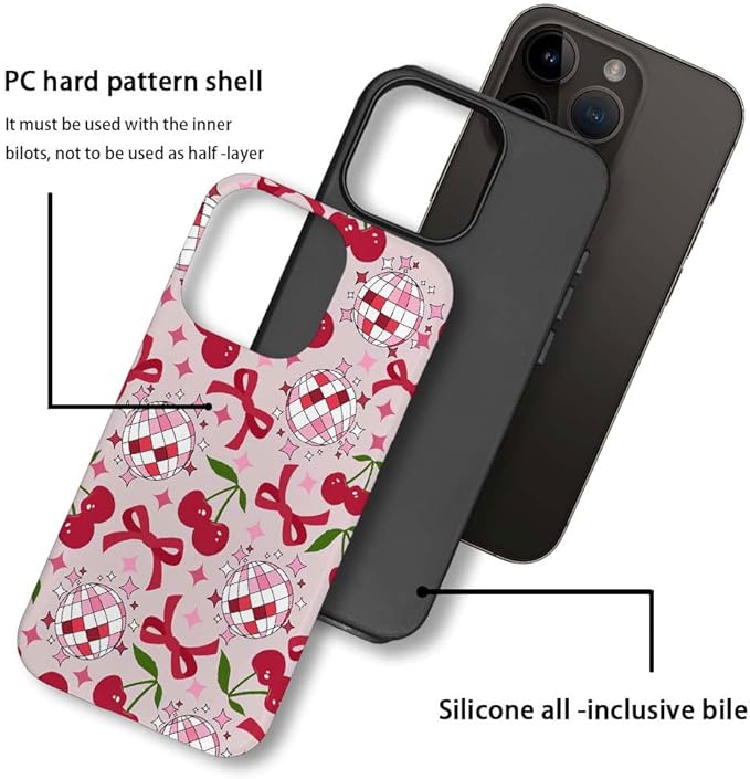 DAIZAG Case Compatible with for iPhone 15,Cute Pink Cherry Disco Ribbon Star Phone Case for iPhone 15 for Girl Women Boy Men