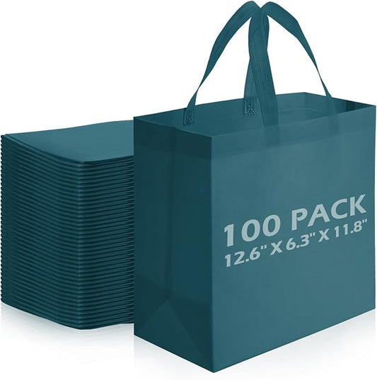 Reginary Reusable Totes Bags - 100 Pcs Non Woven Grocery Handle Bags for Shop Events & Retail Store (Dark Green)