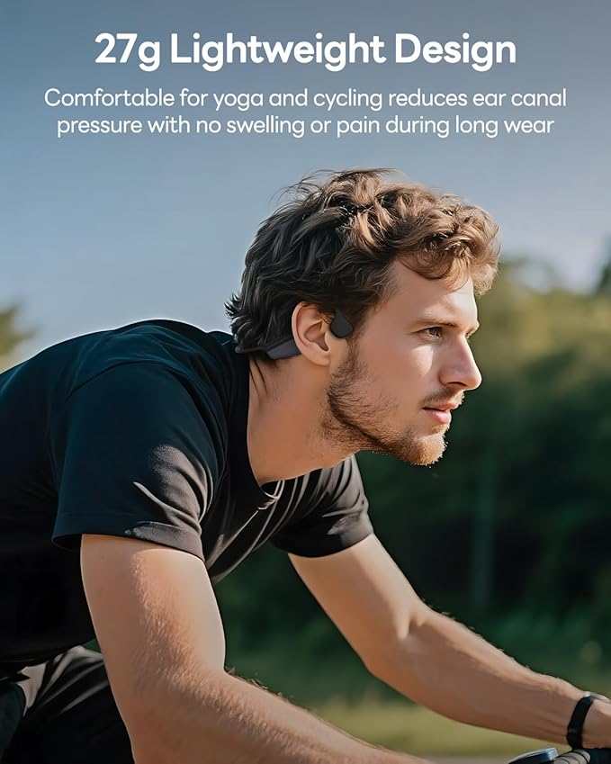 Bone Conduction Headphones, Open Ear Headphones Wireless Bluetooth, 15H Playtime, Dual Stereo Bass Technology, 27g Lightweight Wear, Call Noise Cancellation, IPX6 Waterpoof for Commuting, Walking