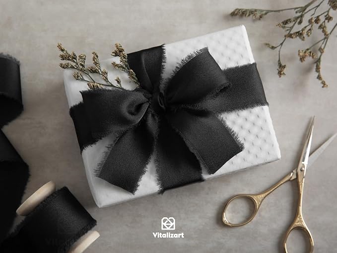 Vitalizart Black Silk Satin Ribbon 1 Inch x 15 Yard Wooden Spool Handmade Frayed Ribbon for Gift Wrapping Baby Shower Wedding Bridal Bouquets Holiday Decor 3 Rolls x 5 Yard