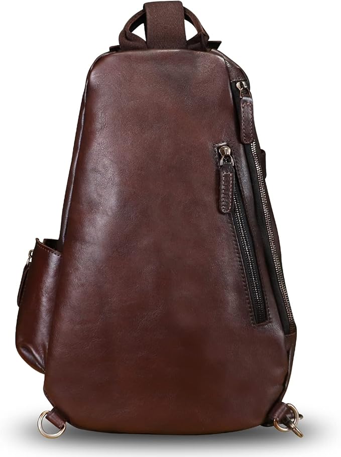 Genuine Leather Sling Bag Crossbody Purse Handmade Hiking Daypack Motorcycle Bag Retro Shoulder Backpack Vintage Chest Pack (Coffee)