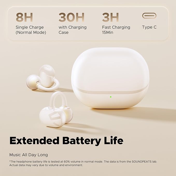 SoundPEATS POP Clip Wireless Open Ear Earbuds, Button Control, Lightweight Comfort Headphones, 30H Playtime, IPX5 Waterproof, Bluetooth 5.4 Immersive Audio Earphones for Sports Running Working, Beige