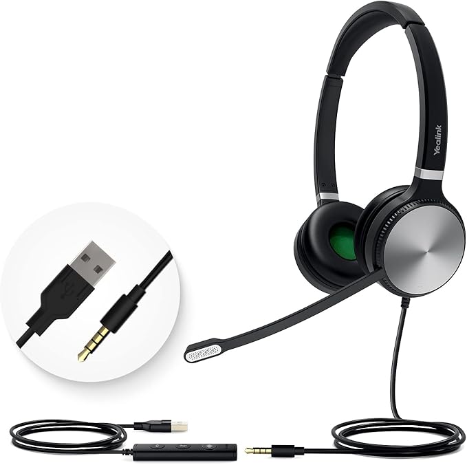 Yealink UH36 Professional USB Headset Wired Headphones for Work Calls and Music, Headset with Noise Cancelling Mic for Computer PC Laptop（UC Compatible, Stereo,3.5mm Jack/USB Connection）