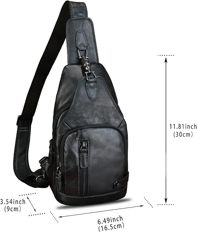 IVTG Genuine Leather Sling Bag Vintage Crossbody Shoulder Bag Handmade Casual Backpack Fanny Purse Chest Bag (Black)