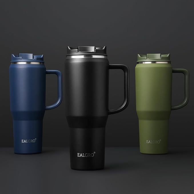 Insulated Coffee Mug Cup with Lid, 40 oz Tumbler with Handle and Straw, Double walled Stainless Steel Coffee Tumbler, Thermal Water Bottle Jug, Navy Blue