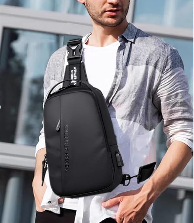 Waterproof Sling Bags Mens Shoulder Crossbody Backpack with USB Charging Port& Headphone,Outdoor Lightweight Bag