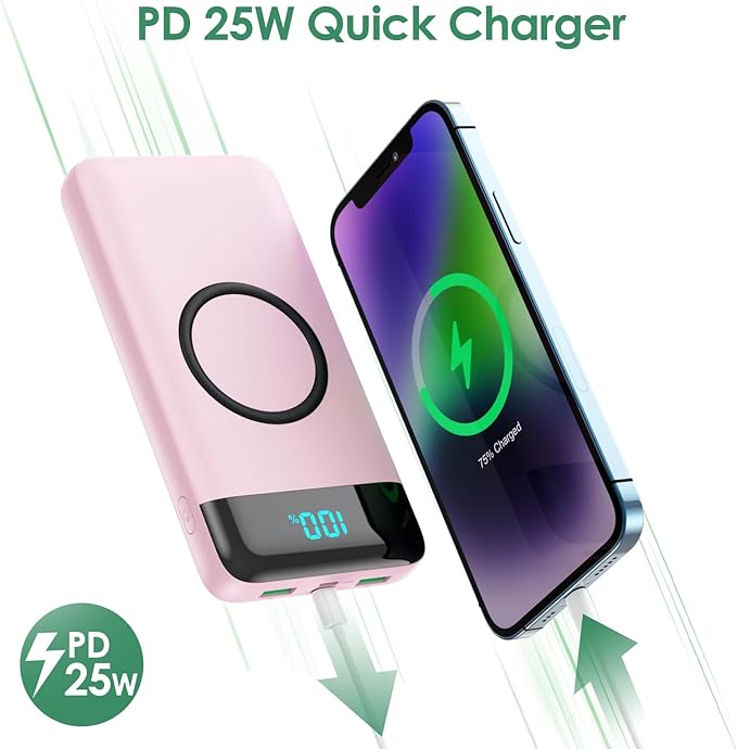 Wireless Portable Charger 30,800mAh 15W Wireless Charging 25W PD QC4.0 Fast Charging Smart LED Display USB-C Power Bank,4 Output& 2 Input External Battery Pack Compatible with iPhone,Samsung etc-Pink