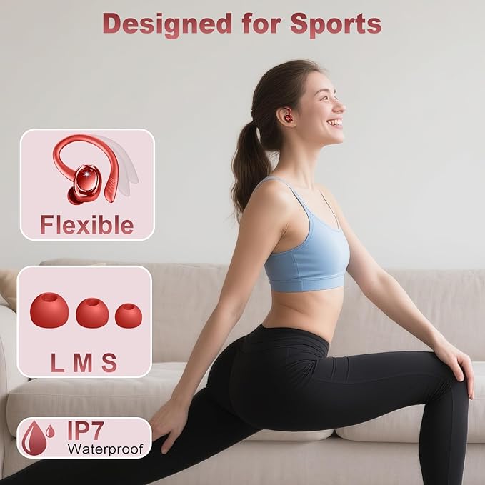 Wireless Earbuds Sport, 2025 Bluetooth 5.4 Headphones with Earhooks, 50H Stereo Deep Bass Over Ear Buds with 4 ENC Noise Canceling Mics, IP7 Waterproof Earphones for Running Workout Gym -Red