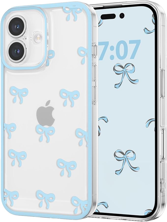 EYZUTAK Case for iPhone 16, Clear Cute Ribbon Bowknot Pattern Aesthetic Transparent Phone Case Raised Camera Protection Stylish Slim Soft Durable TPU Protective Cover for Women Girls - Blue