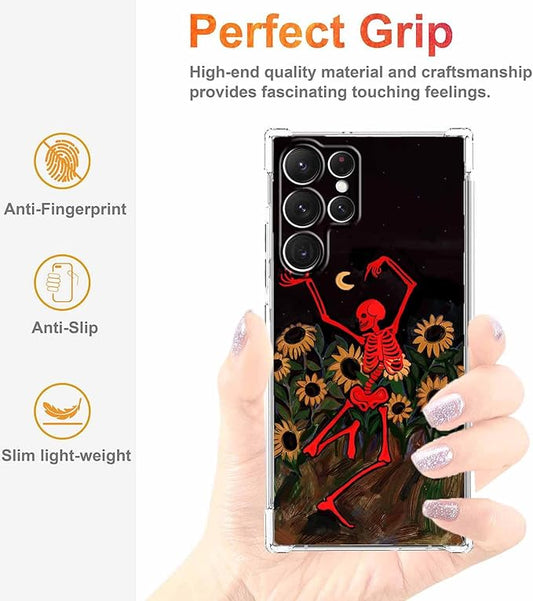 Case for Samsung Galaxy S23 Ultra with Dancing Skull Design,Cute Hippie Skeleton Flowers Pattern,Clear Soft TPU Bumper Phone Cover,6.8"(Skull,S23U)
