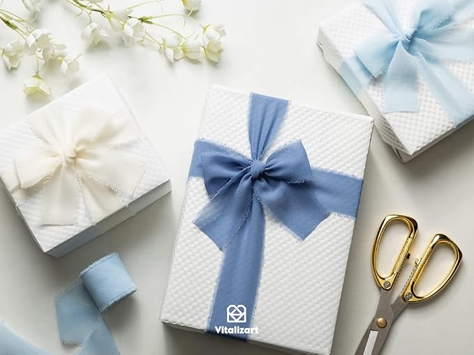 Vitalizart Blue Handmade Chiffon Silk Ribbon Fringe 1.5" x 21 Yd Dusty & Baby Blue Frayed Edges Ribbons for Wedding Invitations Bridal Bouquets Gifts Wrapping Crafts Holiday Party Decorations