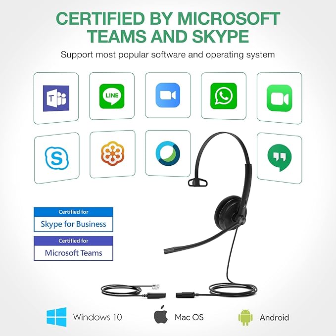 Yealink Phone Headsets for Office Phones YHS34 Lite QD to RJ9 Wired Headset Compatible with Poly Snom Grandstream Phones Desk Landline Headset with Microphone -Mono/72g/2.1m Cable