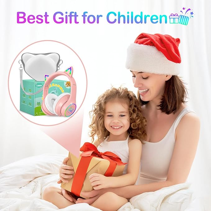 LOBKIN Bluetooth 5.4 Kids Headphones with Case - RGB LED Light Up Cat Ears Foldable Adjustable Over Ear Headphone Support Wireless or 3.5mm Wired Mode for Toddler & Girls & Boys Teens