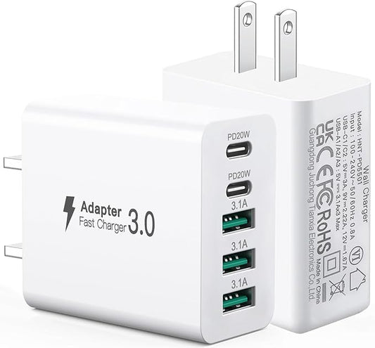 [2-Pack] USB C Wall Charger Block, 50W Fast Charger USB Block, 5-Port Plug Power Adapter, Multiple Ports Charging Station Compatible with iPhone 16/15/14/13/12/11 Pro Max/XS/XR/8/iPad/Galaxy S24