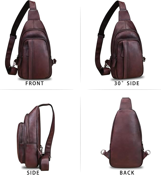 IVTG Genuine Leather Sling Bag Crossbody Casual Hiking Daypack Vintage Handmade Chest Shoulder Backpack Motorcycle Cycling Purses (Coffee)