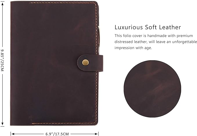 Robrasim Leather Cover for 6"x9" Steno Notebook, Leather Folio Cover Compatible with 6x9 Spiral Steno Pads, A5 Notebook Organizer with Pen Loop - Coffee