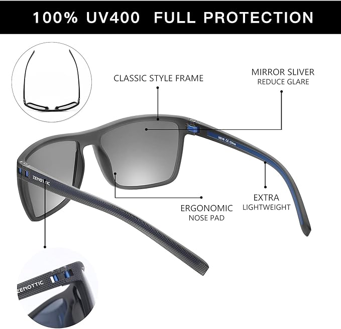 ZENOTTIC Polarized Sunglasses for Men Lightweight TR90 Frame UV400 Protection Square Sun Glasses