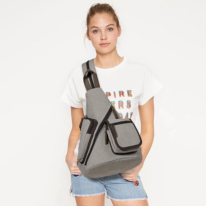 KL928 Canvas Sling Bag - Casual Crossbody Shoulder Daypack Rucksack Backpack for Men Women, Leaden