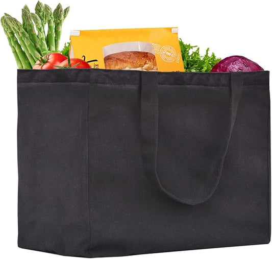 1 Pack Canvas Shopping Bags for Groceries, Holds 60 lbs Heavy Duty Reusable Canvas Grocery Bag, 8.3 gal Multi-Purpose Washable Canvas Grocery Bags Reusable Shopping Bags with 5 Pockets, Black