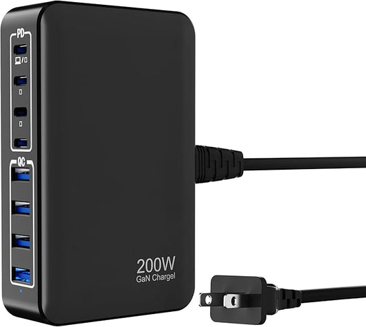 GaN 200W 8-Port USB Fast Charging Station | PD 65W Laptop & Multi-Device Adapter | Compatible with MacBook Pro/Air, iPhone 16/15/14, Galaxy S23/22 (Black)