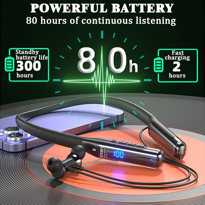 Sports Bluetooth Headset 80H of Ultra-Long Battery Life Neckband Headphones ENC Physical Noise Reduction LED Power Display Bluetooth 5.3 HiFi Stereo Business Call Headset