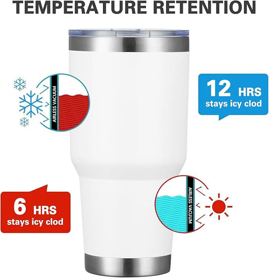 MEWAY 30oz Insulated Tumbler With Lids and Straws,Stainless Steel Double Vacuum Coffee Tumbler Cup, Brush, Durable Powder Coated Coffee Cup for Cold & Hot Drinks, Office(White,4 PACK)