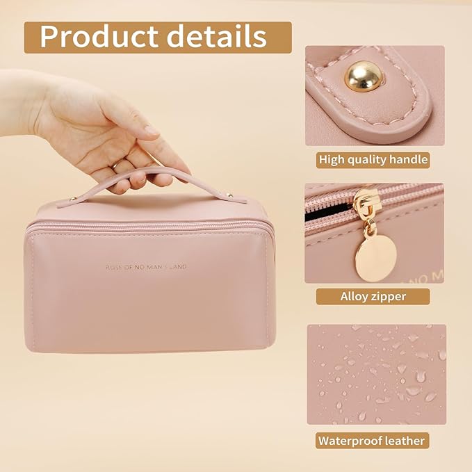 3 Pcs Travel Makeup Bag Portable Large Capacity Cosmetic Bags for Women Open Flat Makeup Case Organizer Bag Set of 3 Waterproof PU Leather Toiletry Bags with Divider and Handle (Pink, Medium)