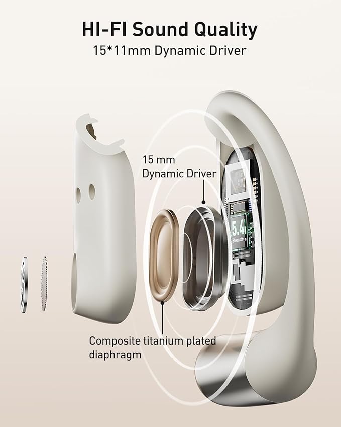 iWALK Open-Ear Headphones, True Wireless Headphones Bluetooth 5.4 Light Earbuds, Ultra Comfort Earhooks, 35H Playtimes, Clear Calls, Air Conduction Stereo Sound with 15mm Drivers for Workouts (Beige)