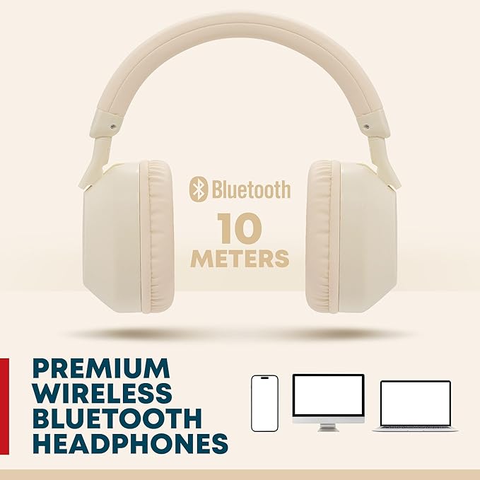 Gabba Goods Wireless Bluetooth Over-Ear Headphones – Deep Bass, 40mm Drivers, Built-in Mic, FM Radio, SD Card Playback, USB-C Fast Charging, 6H Playtime, Lightweight Comfort (Beige)