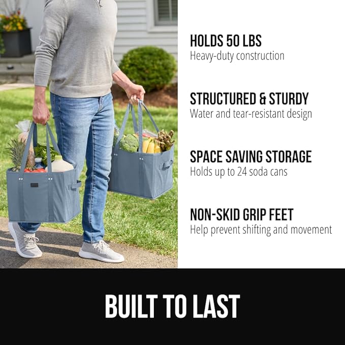 GORILLA GRIP Heavy Duty Foldable Reusable Grocery Bags, 3 Pack, Tear Resistant Box Shape Shopping Tote with Reinforced Handles, Grip Feet, Easily Carry and Transport Groceries, 13x10x11, Dusty Blue