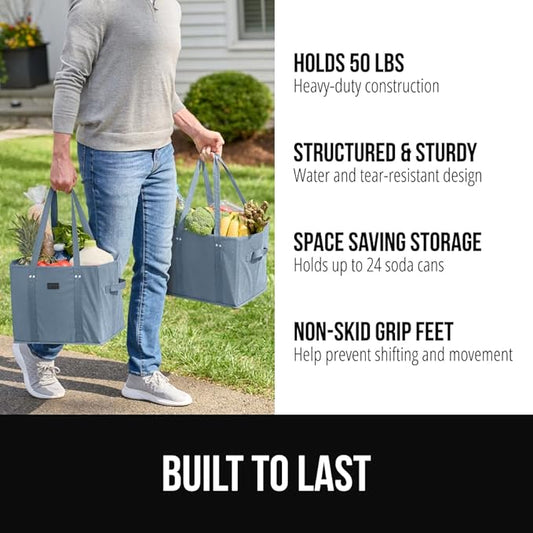 GORILLA GRIP Heavy Duty Foldable Reusable Grocery Bags, 3 Pack, Tear Resistant Box Shape Shopping Tote with Reinforced Handles, Grip Feet, Easily Carry and Transport Groceries, 13x10x11, Dusty Blue