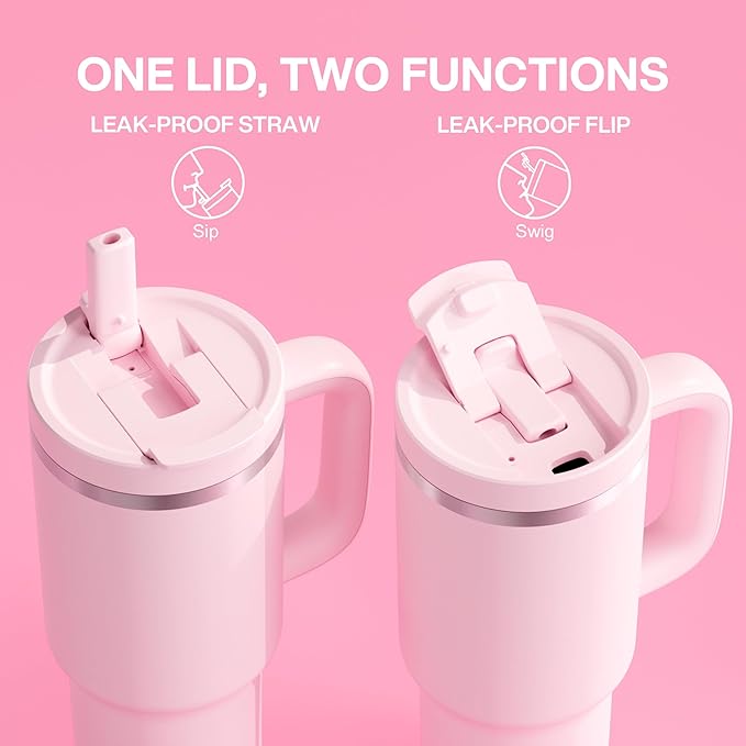 32 oz Tumbler with Handle and Straw: Stainless Steel Insulated Tumbler Keeps Cold for 24 Hours, Leakproof Travel Cup Fits in Cup Holder and BPA-Free, Cotton Candy