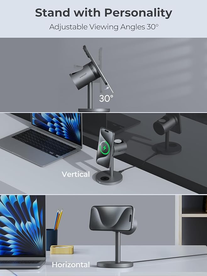 3 in 1 Charging Station Compatible with MagSafe, Cooling Wireless Charger 15W Qi2 Certified for iPhone 17/16/15/14/13/12, Samsung S25, Apple Watch, AirPods (45W PD Charger Included)