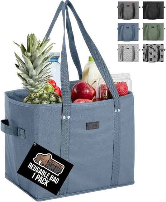 GORILLA GRIP Heavy Duty Foldable Reusable Grocery Bags, Tear Resistant Box Shape Shopping Tote with Reinforced Handles, Grip Feet, Easily Carry and Transport Groceries, 1 Pack, 13x10x11, Dusty Blue