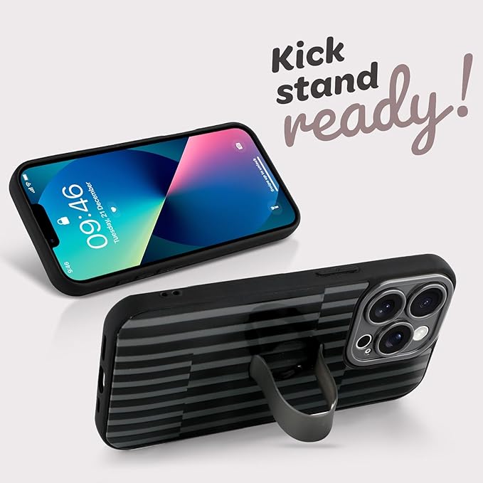 Compatible with iPhone 13 Pro Max Case with Finger Hand Strap Kickstand, Trendy Cool Striped Phone Case for Women Men, Full Camera Protection Shockproof Protective Cover, Black Stripes