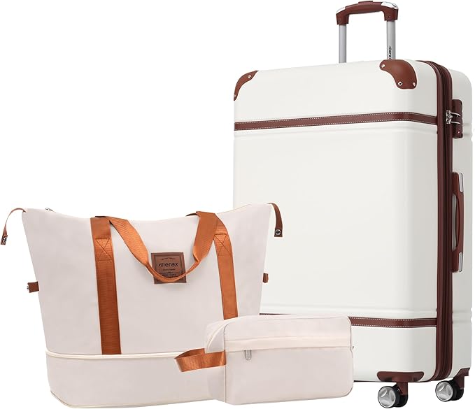 Merax Suitcase Set 24 inches Expandable Luggage with TSA Lock Spinner Wheels Hardshell Lightweight Vintage Luggage with Travel Bag,White